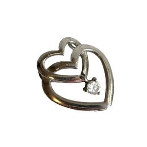 Double Heart 925 Silver Sliding Pendant With Dangling Single Rhinestone